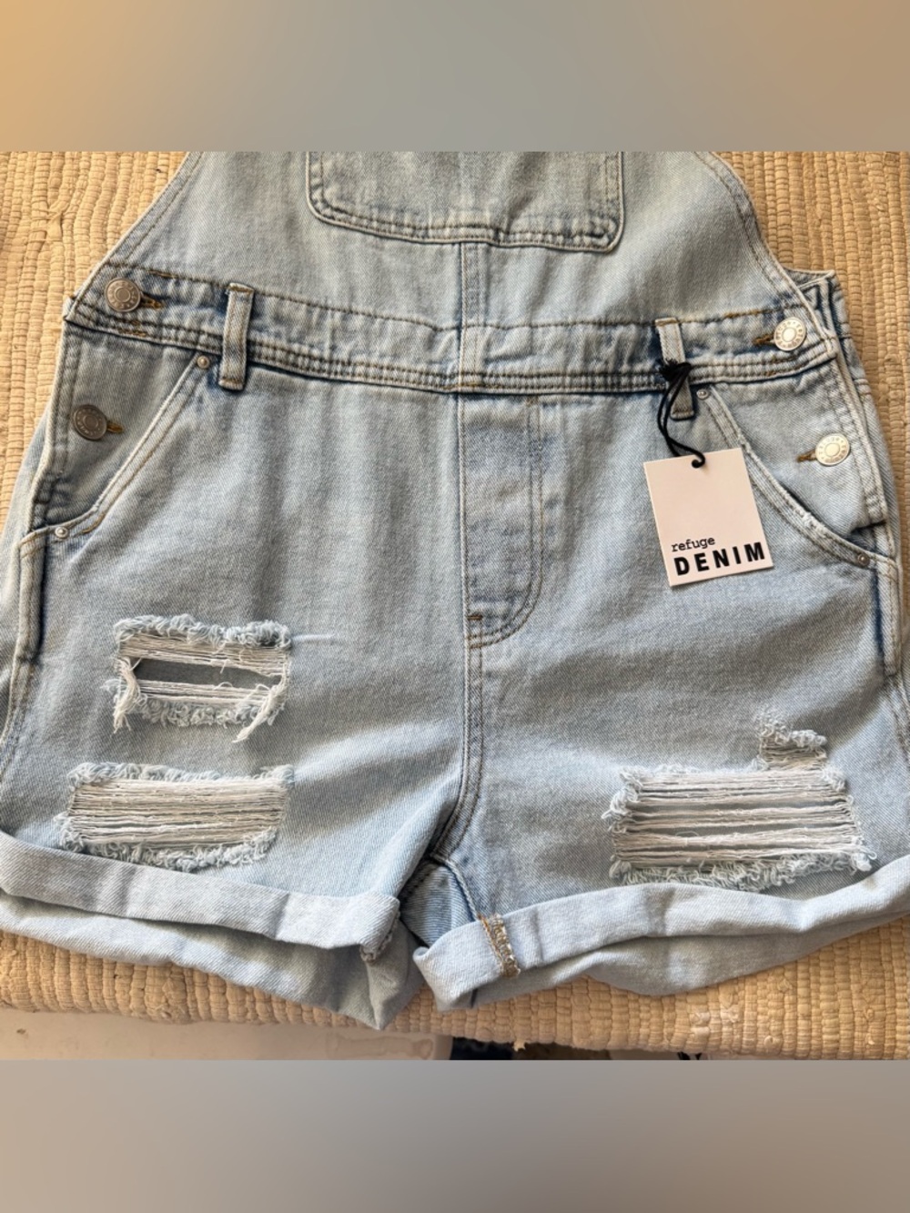 Refuge Denim Distressed Overall Shorts Light Wash Y2K Festival Bib L - Picture 10 of 14